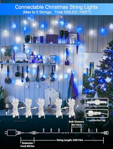 String Lights Indoor Bedroom, 33FT 100 LED Fairy String Lights Outdoor Waterproof, 8 Modes Memory Twinkle Christmas Light Plug in for Classroom Dorm Patio Tree Garden Decor (Cool White+Blue) - color: Cool White+Blue, size: 100LED