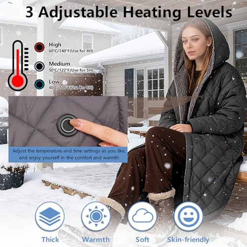 Portable Heated Battery Blanket Cordless Heated Blanket Wireless Wearable Heated Blanket Recharge for Women,20000mah,Electric Throw Blanket Snuggle Heated Coat Hoodie Heating Robe for Outside 45"x32"