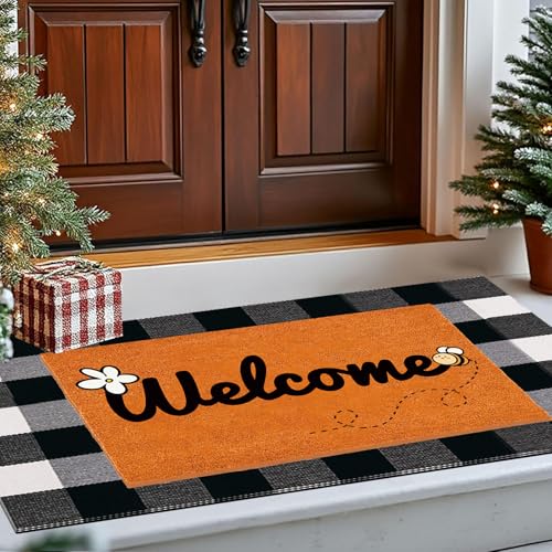 2 Pcs Non-Slip Artificial Coir Door Mat Set with Welcome & Bee Design, Layered Spring Decor for Farmhouse Front Porch Entryway, Seasonal Indoor/Outdoor Doormats