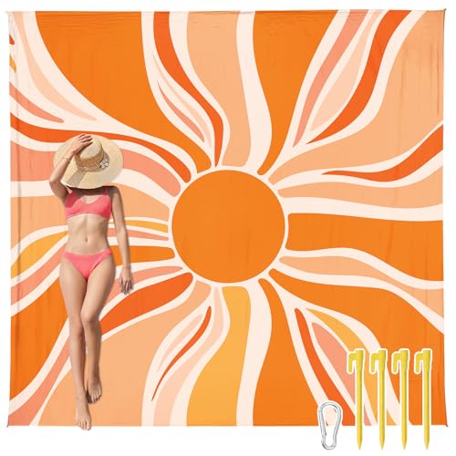 AlphaBeing Beach Blanket Waterproof Sandproof, Extra Large Beach Mat for 1–8 Adults, Oversized Picnic Blanket with 4 Stakes & Storage Bag, Essential Beach Gear for Travel - color: Sun, size: 79“×83”