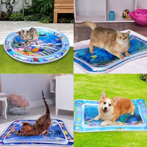 Cat Water Mat, 2025 Upgraded Thickened Anti-Scratch Leak Proof Cats Water Sensory Play Mat with Floating Fish, Pet Summer Cooling Pad, Interactive Cat Toys to Play for Indoor Cats (B)