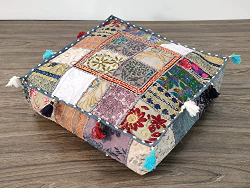 Mam Treasures Indian Bohemian Decorative Pillow Vintage Cushion Cover Patchwork Square Floor Pillow Cover Meditation Cushion Large Floor Pillow Indian Cushion (Gray, 16 X 16 X 5 Inch) - color: Gray, size: 16" x 16" (Pack of 1)