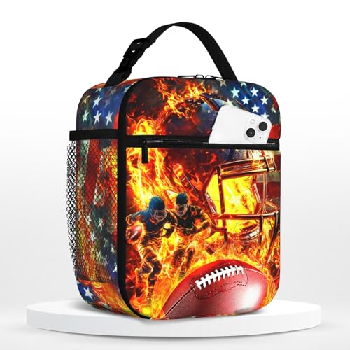 Kids Lunch Box For School Insulated Football Lunchbox Reusable Portable Sports Ball American Flag Lunch Bag With Adjustable Shoulder Strap For Boys Girls School Picnic Hiking Work Lunchboxes - color: Football