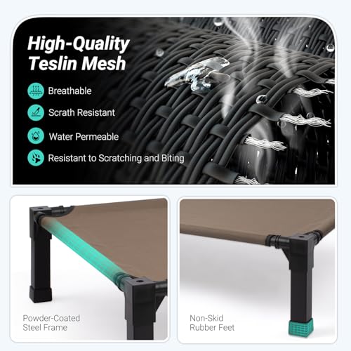 Niubya Elevated Outdoor Dog Bed, Cooling Elevated Pet Cot, Steel-Framed and Non-Slip Feet, Raised Dog Bed with Waterproof, Washable, Breathable Teslin Mesh, 51in - color: Brown, size: 51"L x 36"W x 9.4"H