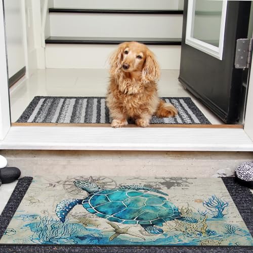 Arttown Summer Sea Turtle Ocean Painting Door Mat, 17 x 30 Fish Blue Vintage Doormat Decorative Home Floor Mat, Non Slip Rubber Back and Strong Water Absorption for Outdoor Indoor Entrance Decor - color: Underwater Ocean Turtle