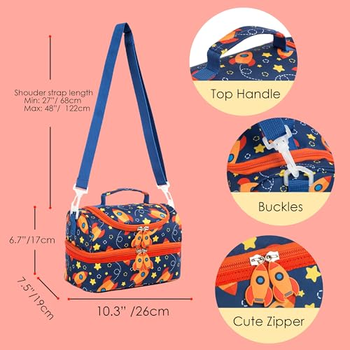 Insulated Kids Dual Compartment Lunch Bags Tote for Girls Boys Toddler Lunch Boxes Pre-School Toddler Kindergarten Picnic Camp Food Cooler Thermal with Strap (Star Rocket) - color: Star Rocket