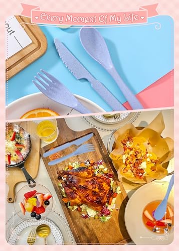 10 Set Reusable Travel Utensils Set with Case,Wheat Straw Travel Cutlery Set Portable Knife Fork Spoons Tableware Picnic Silverware for Party, Picnic, Camping, Kitchen, Camping-Blue&Pink - color: Blue&Pink