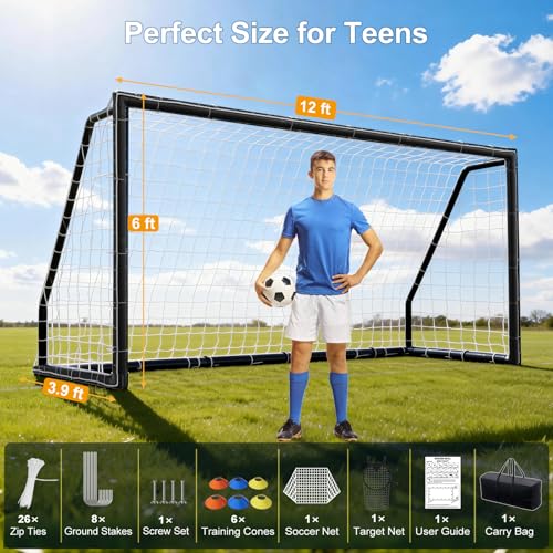 MOPHOTO Soccer Goal, 6X4/8x6/10x6.5/12x6/16x7/18.5x6.5/21x7/24x8ft Soccer Goals for Backyard, Full Size Soccer Goal for Teens & Adults Training - size: 12x6FT, style: PVC-Foldable-Black