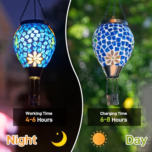 Hummingbird Solar Hot Air Balloon Lantern with Flame, Blue Hanging Mosaic Solar Lantern Outdoor Waterproof, Outdoor Solar Lights for Yard Gardening Gift for Mom Grandma Women - color: Mosaic Hummingbird