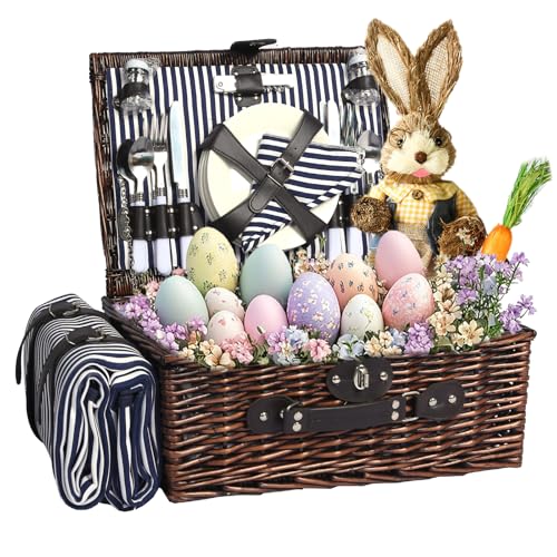 Picnic Basket Set for 4 with Waterproof Blanket Mat Insulation Bag Wicker Navy Blue Vintage Classic Gift for Christmas Thanksgiving Wedding Birthday Camp Outdoor Beach Travel - color: Blue and White Stripes