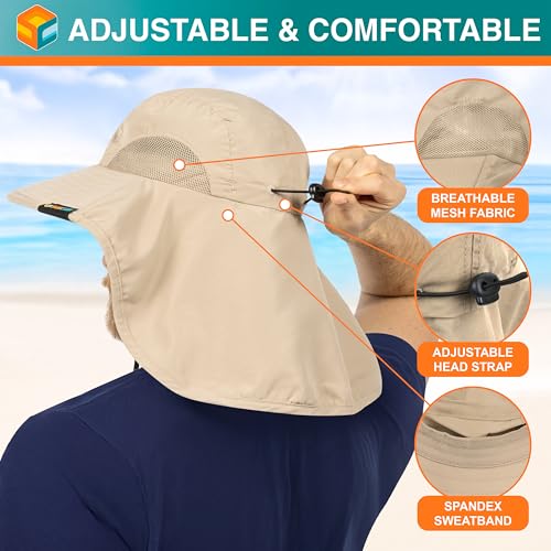 SUN CUBE Wide Brim Sun Hat with Neck Flap, UPF50+ Hiking Safari Fishing Hat for Men Women, Sun Protection Beach Hat - color: Tan