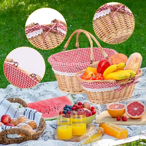 2 Pack 14.2 & 12.6 Inch Natural Wicker Basket with Linen Cotton Cloth Lining, Oval Wicker Woven Basket with Handle, Willow Woven Picnic Baskets for Picnic, Camping, Party - size: 2 Pack 14.2in&12.6in Natural(Round willow)