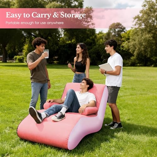 Inflatable Deck Chair with Air Pump, Foldable Lounge Chair for Bedroom and Living Room, Indoor Sofa Lounge with Handrails(Pink) - color: Pink