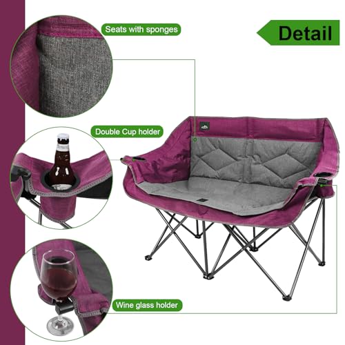 Northroad Folding Loveseat Camping Chair Portable Double Duo Full Padded Garden Chair for 2 Person Sofa w/ 2 Cup Holder,Wine Glass Holder,Mesh Storage,Support 500lbs for Picnic Beach Travel (Purple) - color: Purple&grey