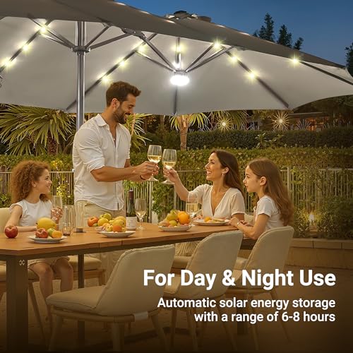 HOOOWOOO Outdoor Patio Umbrella With Solar Light,15 Ft Large Beach Umbrella,UV Protection Picnic Market Parasol Sunshade W Base Crank Handle For Backyard Deck Pool Shade - color: Light Gray
