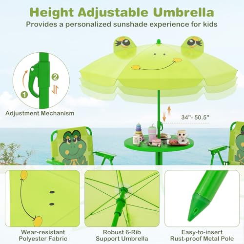 Costzon Kids Picnic Table, Kids Outdoor Table with 2 Folding Chairs, Height Adjustable Umbrella, Portable Children Outdoor Furniture for Patio, Garden, Backyard (Light Green) - color: Light Green Frog