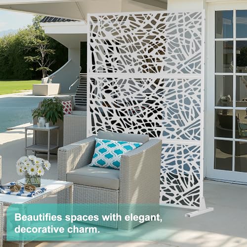 Modern Metal Privacy Screen, Patio Outdoor Privacy Panels with Stand, Freestanding Outdoor Divider for Yard, Deck＆Garden(71.3"*47.3"*15.7") - color: White,Leaf Vein