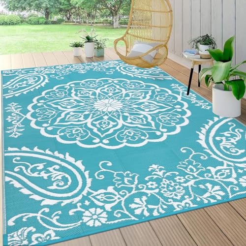 Pauwer Reversible Outdoor Rug, 6'x9', Waterproof Polypropylene Patio Mat, RV, Balcony, Deck, Beach, Picnic - color: Boho Teal, size: 6' x 9' (Rectangular)