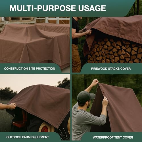 CCS Waterproof Canvas Tarp Cover – Heavy Duty Duck Cloth, Waxed Canvas Tarpaulin with Rustproof Brass Grommets for Camping, Construction, Equipment & Outdoor Use (Brown, 8x12 Ft) - color: Brown, size: 8 by 12 Feet