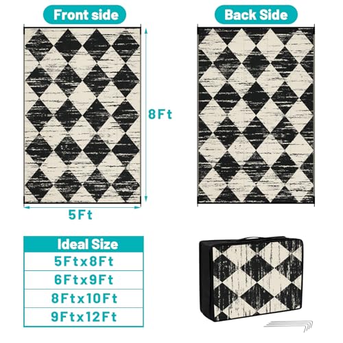 HEBE Checkered Outdoor Rug Waterproof 5x8, Reversible Plastic Straw Rug RV Camping Rug, Indoor Outdoor Patio Mat Clearance, Outside Carpet for Porch,Deck,Camper,Balcony,Backyard,Picnic - color: Beige/Black, size: 5' x 8' (Rectangular)