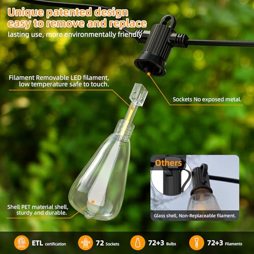 FOOMAN LED Outdoor String Lights, 150FT Outside Waterproof Patio Lights with 72+3 Shatterproof ST38 Edison Bulbs, 2700K Warm White Hanging Light, Dimmable Light for Back Yard Porch Party Gezebo - size: 150FT