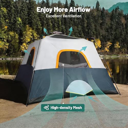 3/4 Person Camping Tent with 1 Door, 4 Windows, and Upgraded Ventilation– Instant Setup, Waterproof, 8'x 8'x 67''Oxford Fabric Floor Pop Up in 60 Seconds Includes Rainfly and Backpack - color: 4 Person Slate Gray