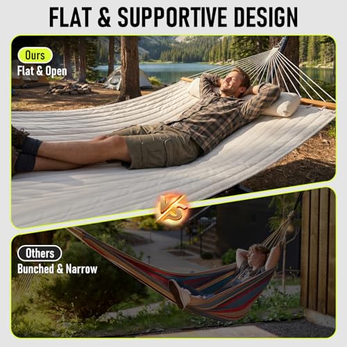 FULIYE Double Hammock with Stand for Outdoor，2 Person Heavy Duty Portable Hammock with Adjustable Steel Stand and Balance Ropes Included – for Patio, Backyard, Garden, Beach((Beige)