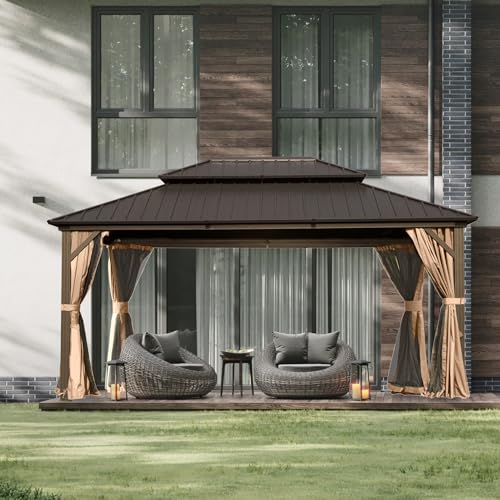 Domi 12' x 14' Hardtop Gazebo Permanent Metal Gazebo with Galvanized Steel Double Roof, Curtains and Netting for Party, Wedding, Outdoor Dining, Patio, Backyard, Brown - color: Brown, size: 12'×14' Double Roof
