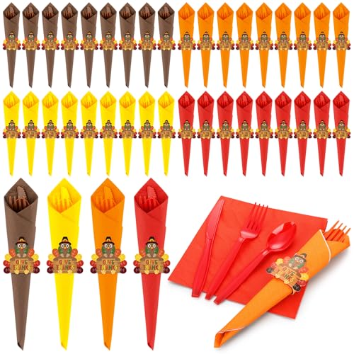 Roshtia 40 Set Pre Rolled Thanksgiving Plastic Silverware Set Disposable Dinnerware Essentials Cutlery Orange Brown 40 Napkins, 40 Knifes, 40 Spoons, 40 Forks, 40 Turkey Napkin Ring for Fall Parties