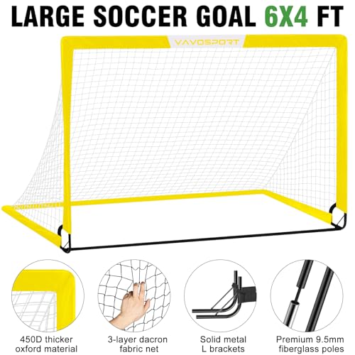 VAVOSPORT Soccer Goal, 2 of 6'x4' Kids Soccer Goals for Backyard Set, Portable Pop Up Soccer Net, Practice Soccer Training Equipment with Ball, Cones for Toddler,Youth Sports Outdoor Games Yard Play - color: Yellow
