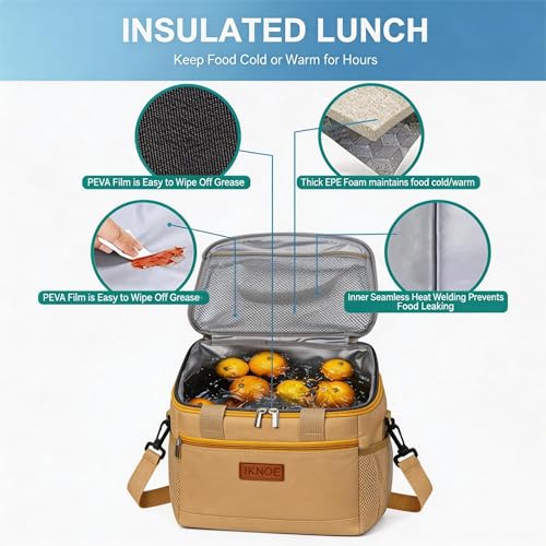 iknoe Insulated Lunch Bag, Foldable 8.5L Cooler Bag for Men & Women, Leakproof Thermal Design, Great for Office, Picnic, Travel, Lunch Box, Khaki - color: Khaki, size: Medium