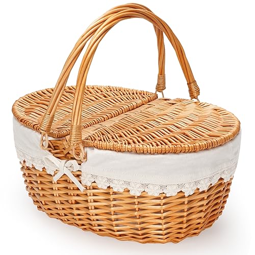 Wicker Picnic Basket with Removable Liner, Empty Picnic Baskets with Lid, Vintage-Style Picnic Hamper with Folding Woven Handle for Picnic, Camping, Outdoor, Halloween, Thanks Giving, Birthday (Cream) - color: Cream Liner W/Willow Lid