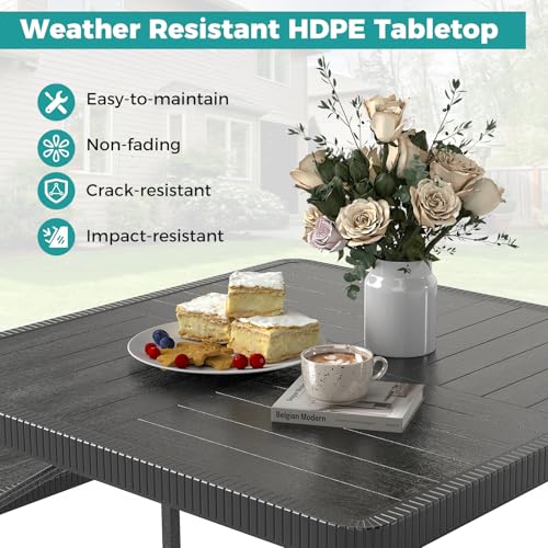 Byroce Outdoor Picnic Table for 4-8 Person, HDPE Picnic Camping Table Set with 4 Benches, Umbrella Hole & Metal Frame, Heavy Duty Square Dining Table Chairs for BBQ in Patio, Yard & Poolside (Black) - color: Black