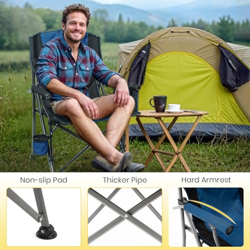 XGEAR Camping Chair with Padded Hard Armrest, Sturdy Folding Camp Chair with Cup Holder, Storage Pockets Carry Bag Included, Support to 400 lbs - color: 2pcs/Blue