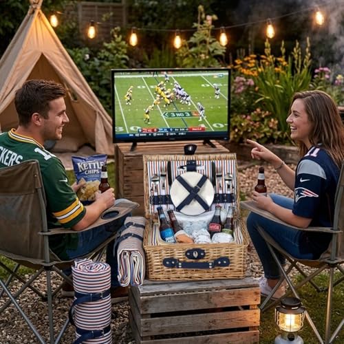 Wicker Picnic Basket for 2 with Waterproof Picnic Blanket and Insulated Bag Classic Red, White and Blue Stripes for Soccer Game, Camping, Travel, Birthday Gift, Wedding Gift - color: Red White and Blue Stripes