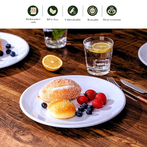 11-Inch Melamine Plates (Set of 6) - Unbreakable and Reusable Plastic Dinnerware with Ceramic Feel, Stackable and Dishwasher-Safe - Versatile for All Meals (White) - color: White