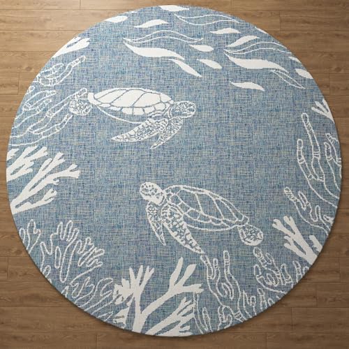 LR Home 5ft Round Indoor/Outdoor Area Rug | Turkish Carpet for Patio, Deck, Backyard, Garden, Front Porch, Picnic and Balcony | Graphic Farmhouse Boho Coastal, Beach, Coral Reef Themed Rug| Aqua/White - color: Aqua/White, size: 5'3" (Round)