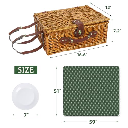 Picnic Basket for 4 Persons with Waterproof Picnic Blanket and Insulated Cooler, Large Wicker Picnic Basket for Camping, Outdoors, Valentine's Day, Christmas, Birthday, Wedding Gift - color: Green & White Spots