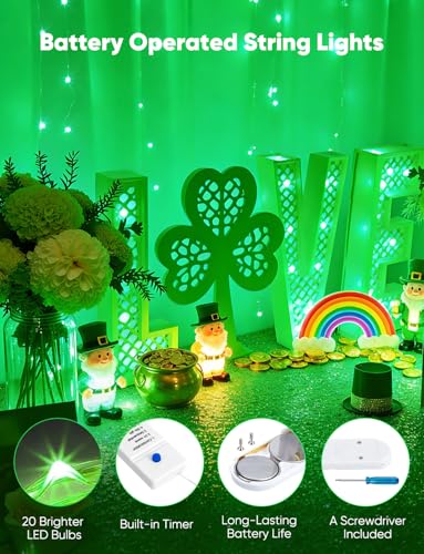 Minetom 12 Pack Green Christmas Lights, St Patricks Day Lights, 7ft 20 LED Fairy Lights Battery Operated String Lights, St Patricks Day Decorations, 8 Modes Waterproof Silver Wire Twinkle Lights - color: Green, size: 12 Pack