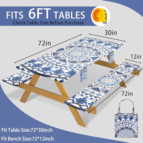 Fitted Waterproof Picnic Table Cover with Bench Covers Elastic 72×30Inch Weather Proof Non Slip Camping Table Clothes for 6Feet Rectangle Tables Campers Summer Fall Travel Hiking Tools Gifts - color: Blue Bohemian, size: 72" x 30" (Rectangular)