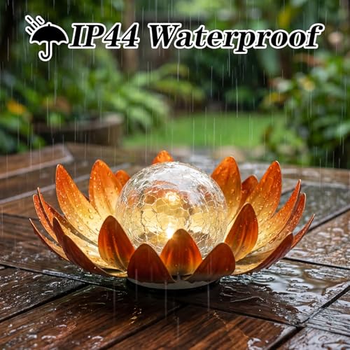 MEBRUDY Solar Lights Outdoor Garden Decor, Bright Globe Glass Lotus Flower Lamp, IP44 Waterproof Metal Lotus LED Lights for Patio, Yard, Lawn, Tabletop Outside Decor, Garden Gifts for Women, Orange - color: Orange