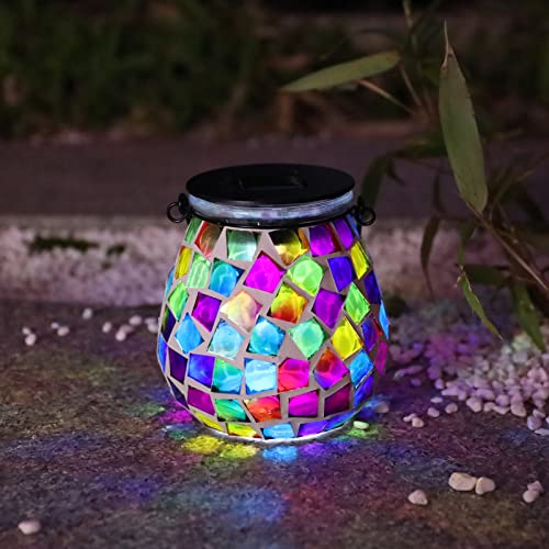 Afirst Mosaic Solar Lanterns Outdoor - Glass Hanging Solar Lights Hollow Out Waterproof Table Lamp Outdoor Decorative for Garden, Patio, Holiday Party Outdoor Decoration - style: Cube