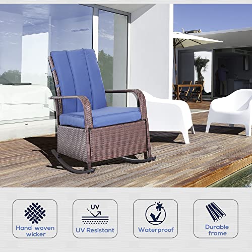 Outsunny Wicker Outdoor Rocking Chair, Patio Recliner with Adjustment Backrest, PE Rattan Lounge Chair with Adjustable Footrest and Cushions for Garden, Backyard, Porch, Blue - color: Blue