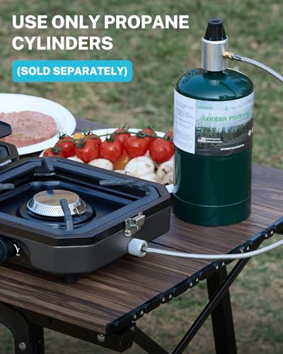 Gonex 2 Burner Propane Camping Stove with Griddle & Grates, Portable Foldable Cooking Stove with Total 16,000 BTU, Two Piezo Ignition Adjustable Burners for Camping, Patio, Emergency, Hiking (Black) - color: Black