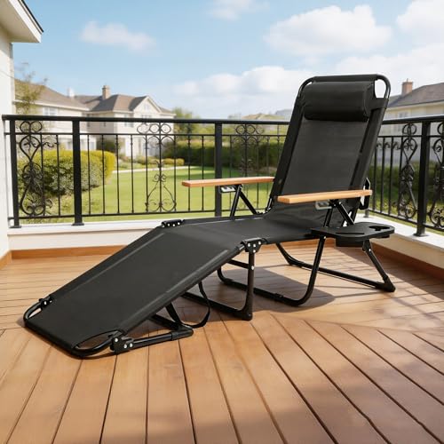 Outdoor Chaise Lounge Chair with 4-Position Adjustable Backrest, Patio Folding Sun Tanning Chair, Pillow & Cup Holder, Portable Recliner Sunbathing Lounger Chairs for Pool Beach Lawn Garden (Black) - color: Black