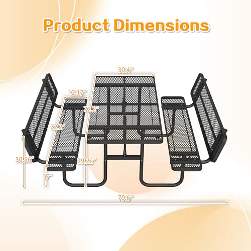 72" Rectangular Metal Picnic Tables for Outdoors with Backrest Seats Umbrella Hole - Coated Steel Heavy Duty Commercial Grade Table, Patio Rectangular Furniture Set for a Lifetime, Black - color: Black-backrest