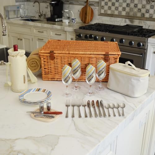 Picnic at Ascot Original Dorset English-Style Willow Picnic Basket with Service for 4 and Blanket- Designed, Assembled & Quality Approved in the USA - color: Wicker With Santa Cruz Plates/Napkins