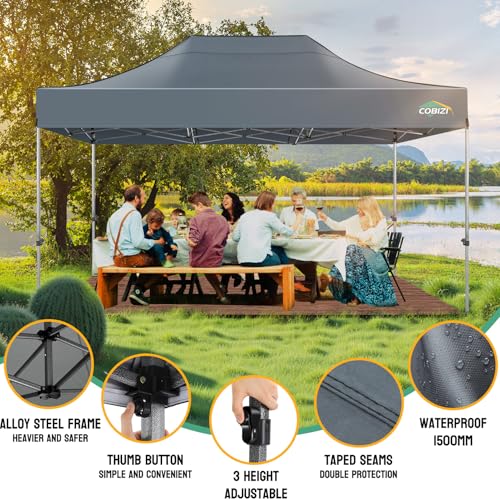 COBIZI 10x15 Heavy Duty Pop Up Canopy Tent with 4 Sidewalls Thicken Frame, Commercial Easy Up Outdoor Wedding Party Tents, All Season Waterproof Windproof with Stakes Sandbags Ropes Bag, Gray - color: Gray, size: 10x15