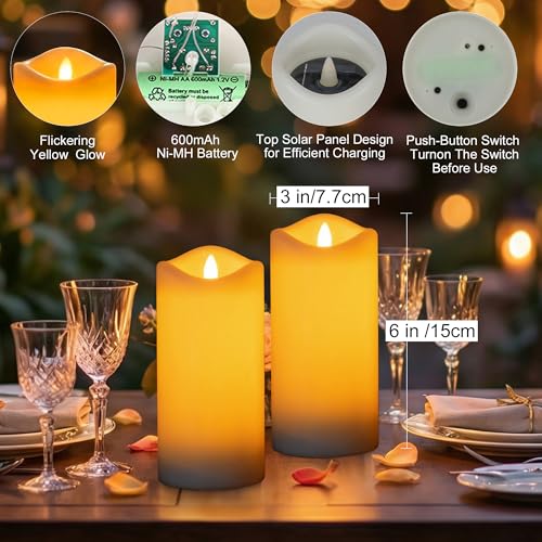 Livinlarge 4 Pack Outdoor Solar Powered Candles, 3"x6" Rechargeable Dusk to Dawn Lighting, Flameless Flickering Pillar LED Votive Candle, IP65 Waterproof for Patio Yard Deck Window Table Decor - color: D3"xH6", 4 PCS