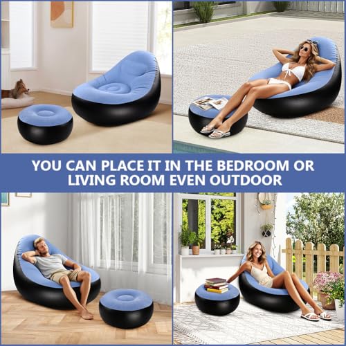 Inflatable Lounge Chair for Adults, Portable Folding Inflatable Blow Up Couch with Foot Stool, Lazy Flocking Recliner Chair Air Sofa for Indoor Outdoor Travel Camping (No Pump)
